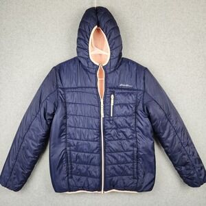 Eddie Bauer Kids L 14/16 Reversible Puffer Jacket Navy Blue Baby Pink Fur Sherpa